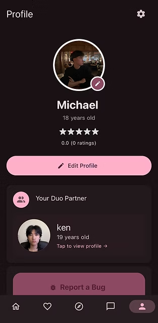 Doubly app profile screen showing a user and their duo partner